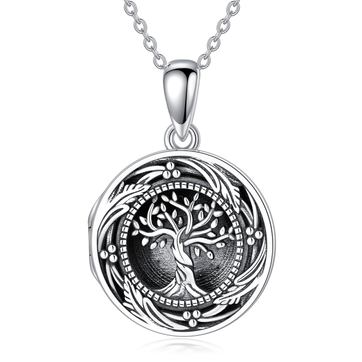 Sterling Silver with Black Rhodium Tree Of Life Personalized Photo Locket Necklace-1