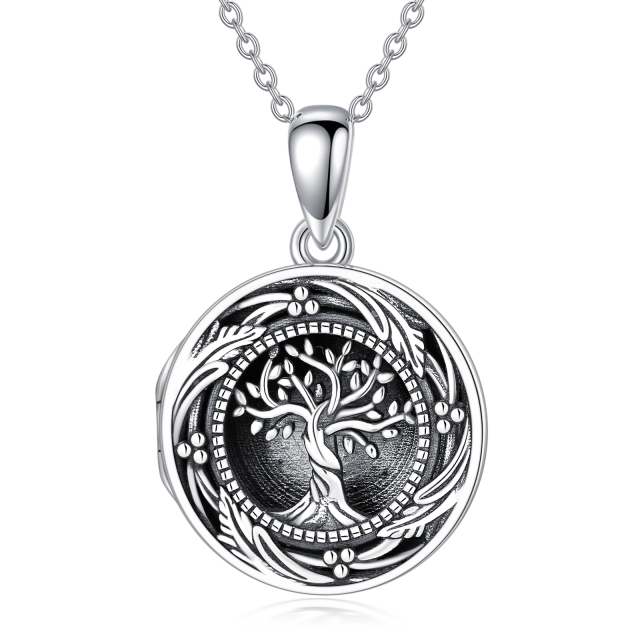 Colar com medalhão fotográfico personalizado em prata esterlina com árvore da vida em ródio preto-0