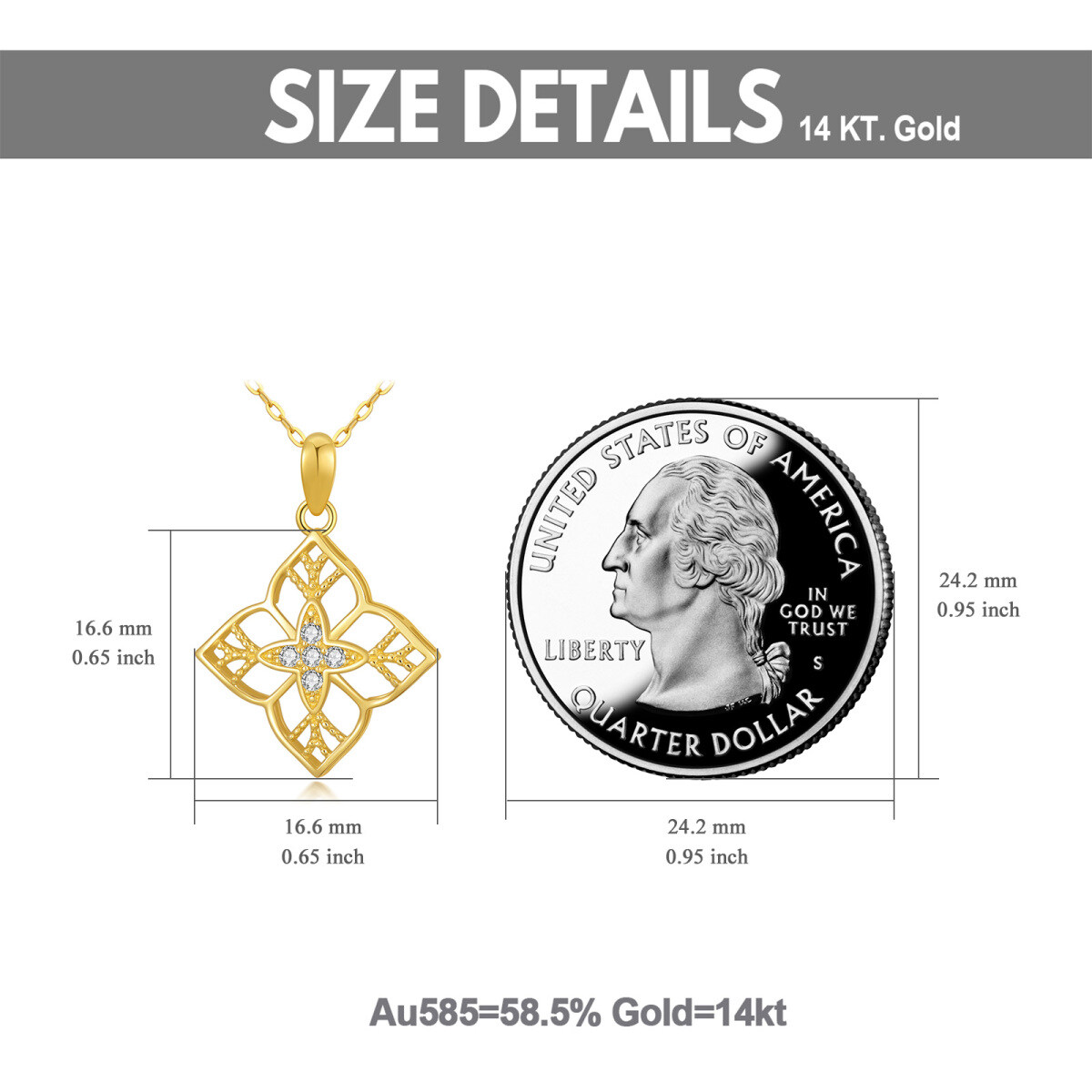 14K Gold Runde kubischer Zirkonia vierblättrige Kleeblatt-Anhänger Halskette-6
