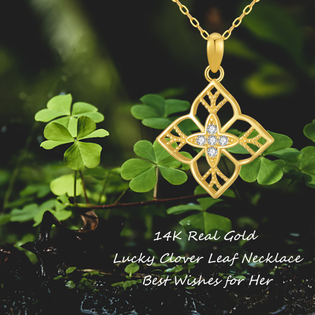 14K Gold Round Cubic Zirconia Four-leaf Clover Pendant Necklace-4