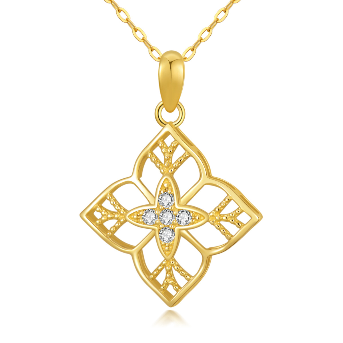 14K Gold Round Cubic Zirconia Four-leaf Clover Pendant Necklace-1