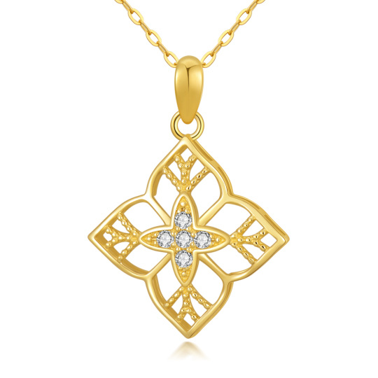14K Gold Round Cubic Zirconia Four-leaf Clover Pendant Necklace