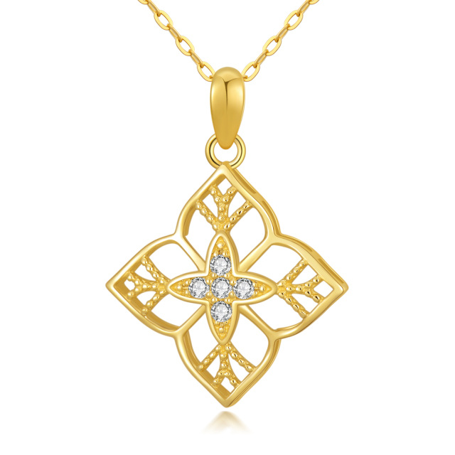 14K Gold Round Cubic Zirconia Four-leaf Clover Pendant Necklace-0