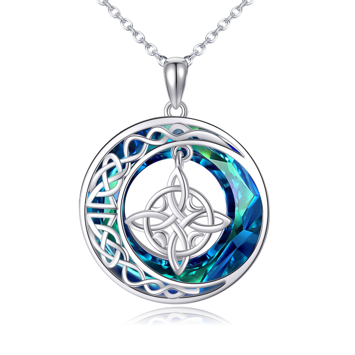 Sterling Silver Round Celtic Knot & Moon Crystal Pendant Necklace-1