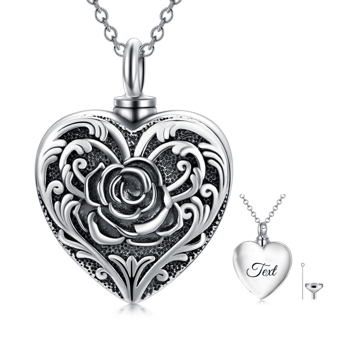 Sterling Silver Rose Urn Necklace for Ashes with Engraved Word-1