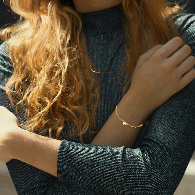 Bracciale a strati con cuore di zirconia cubica in oro 14K-2