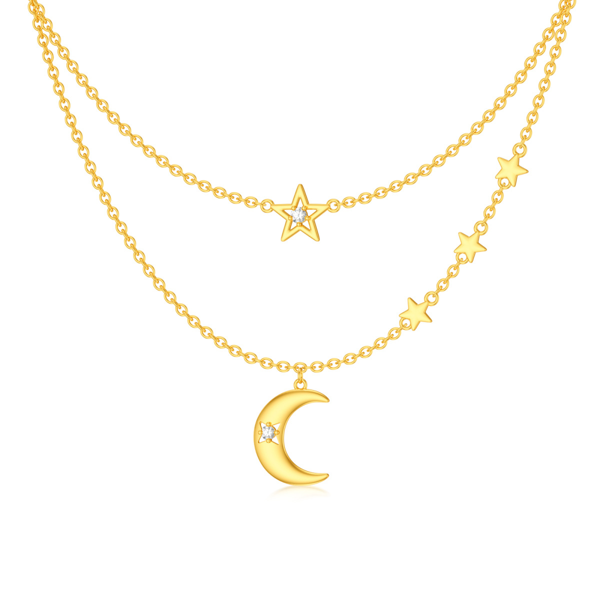 Collar de oro de 14 quilates de circonita cúbica Luna y estrella en capas-1