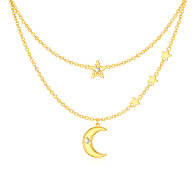 Collar de oro de 14 quilates de circonita cúbica Luna y estrella en capas-0