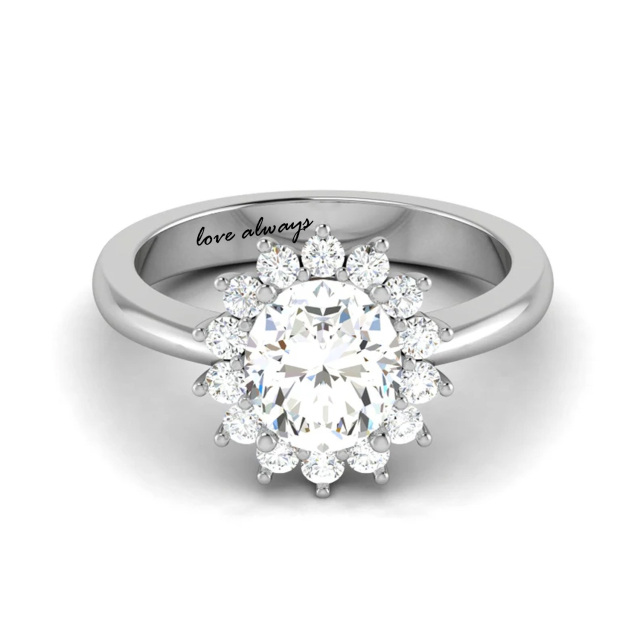 Personalized Sunflower 1 Carat Halo Oval Cut Moissanite Sterling Silver Engagement Ring-2
