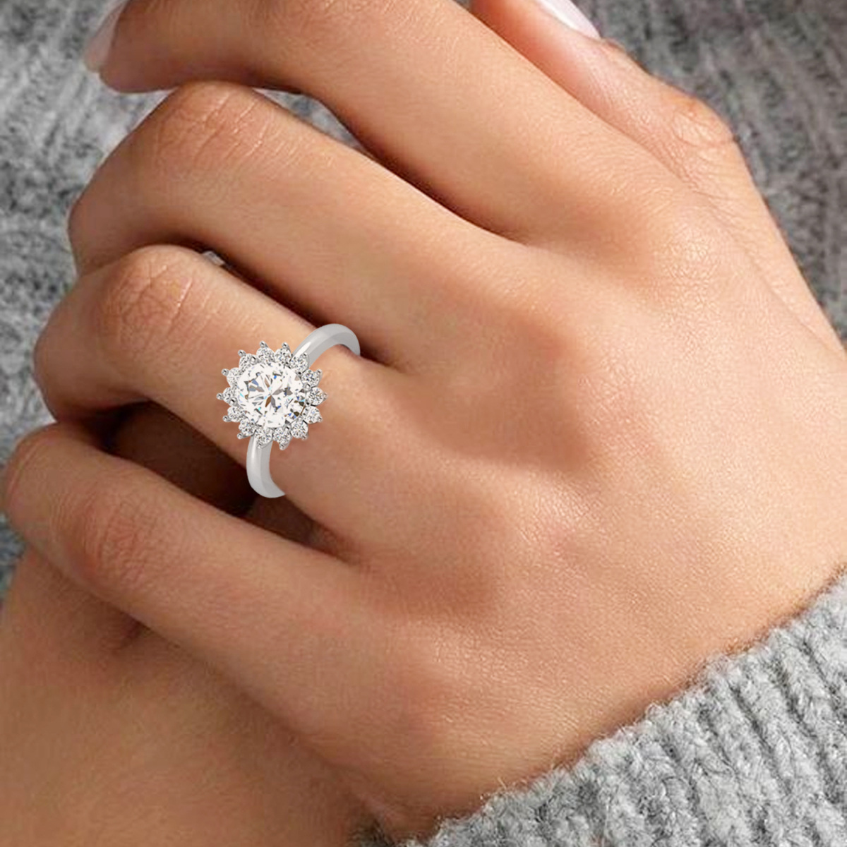 Personalized Sunflower 1 Carat Halo Oval Cut Moissanite Sterling Silver Engagement Ring-6