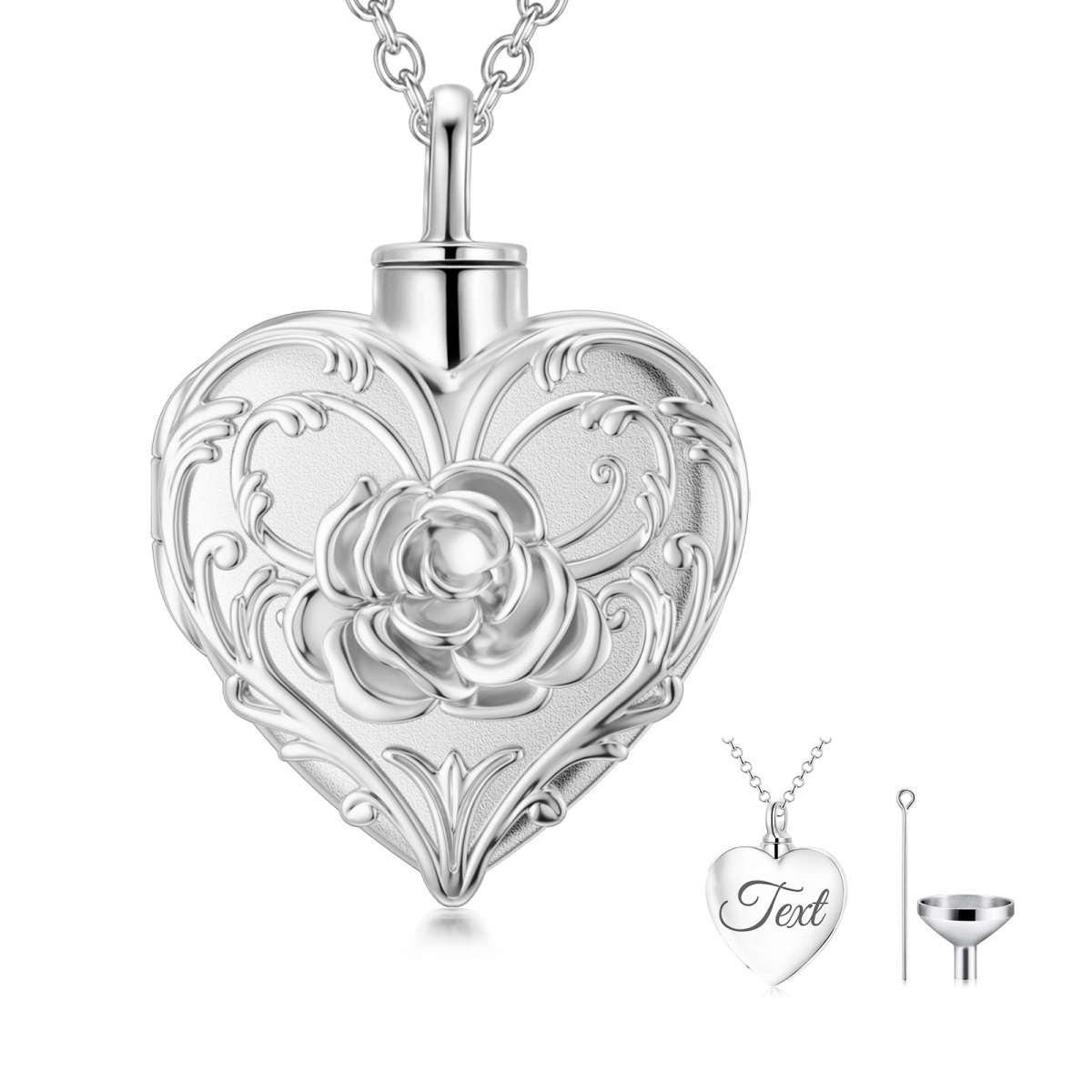 Collier d'urne pour cendres avec mot gravé en or blanc 10K Rose Heart personnalisé-1