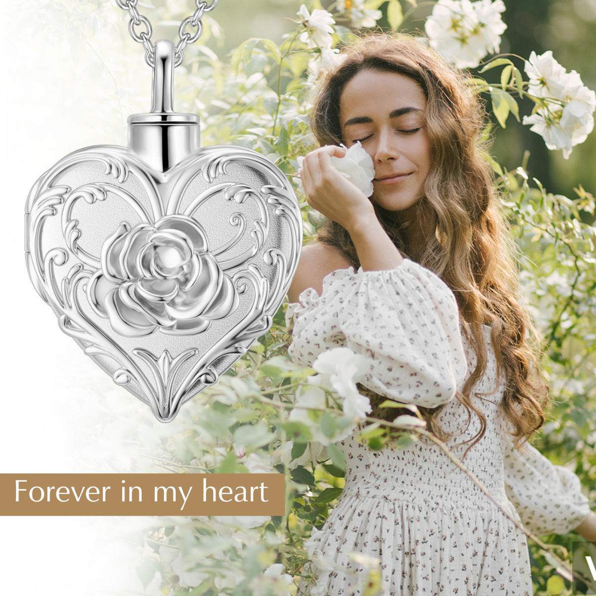 10K White Gold Rose Heart Personalized Engraving Urn Necklace for Ashes with Engraved Word-7