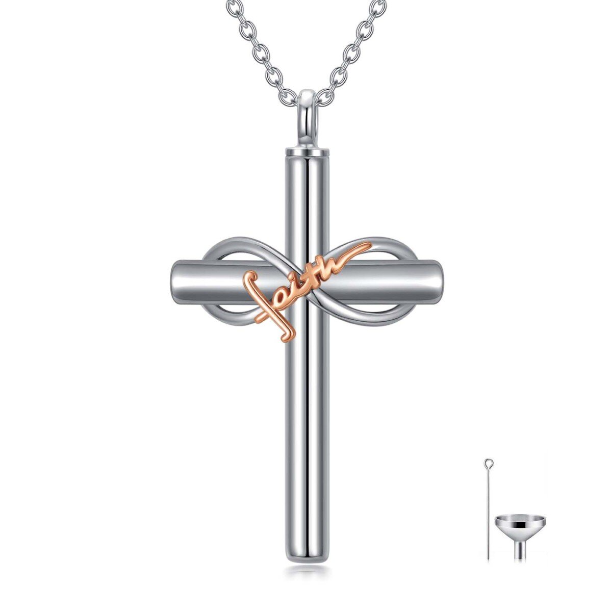 Sterling Silver Two-tone Cross & Infinity Symbol Urn Necklace for Ashes with Engraved Word-1