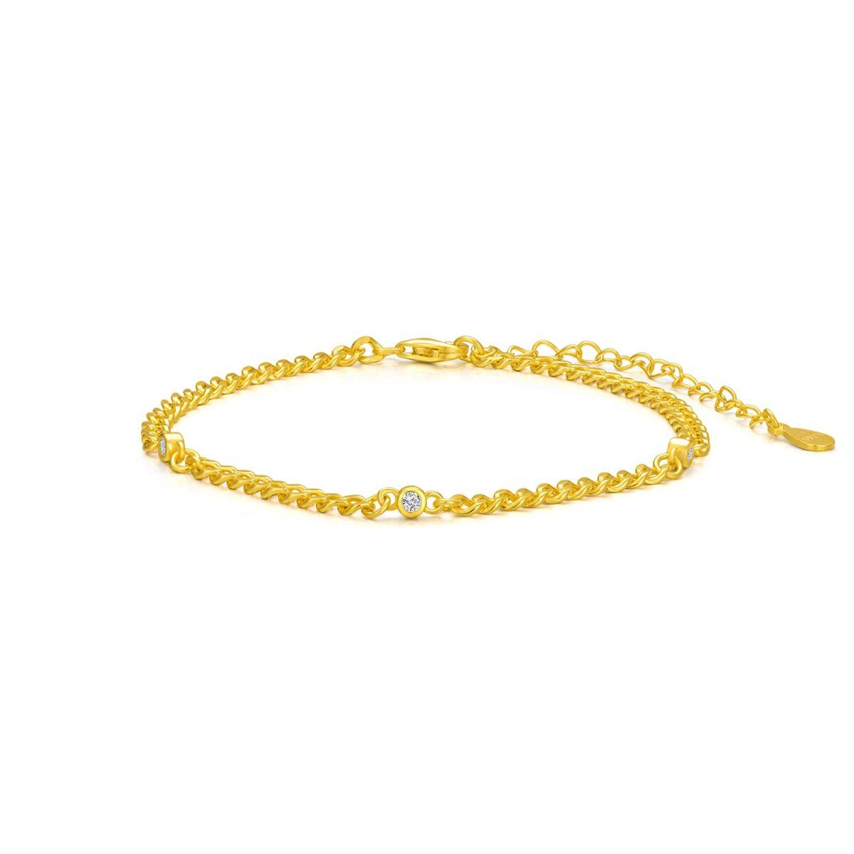 Plata de ley con baño de oro amarillo Pulsera de cadena de eslabones circulares con circon-1