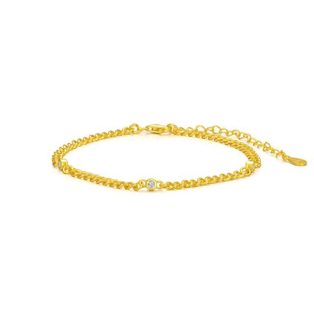Plata de ley con baño de oro amarillo Pulsera de cadena de eslabones circulares con circon-0