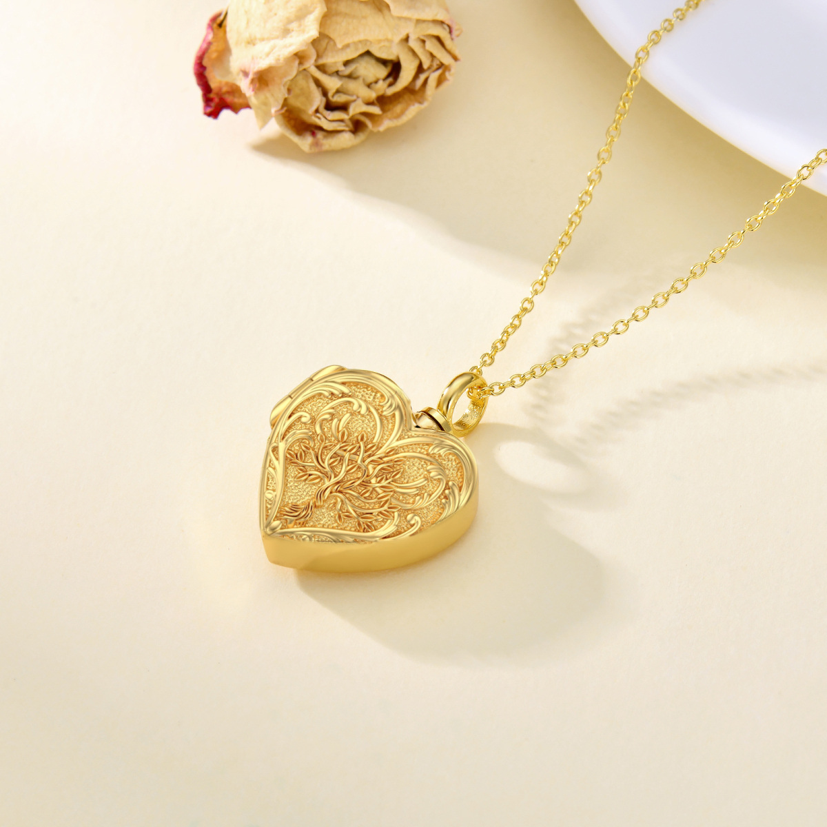 10K Gold Tree Of Life Heart Personalized Engraving Urn Necklace for Ashes-3