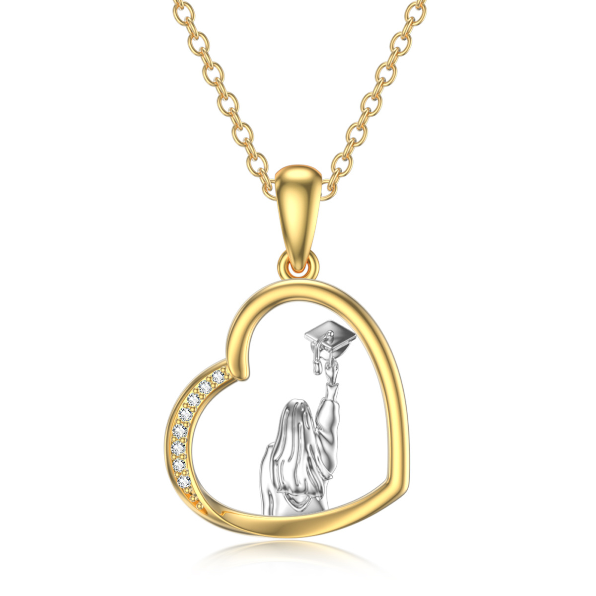 Collar Colgante de Oro Blanco y Oro Amarillo de 14K con Corazón y Tapa de Zirconia Cúbica-1