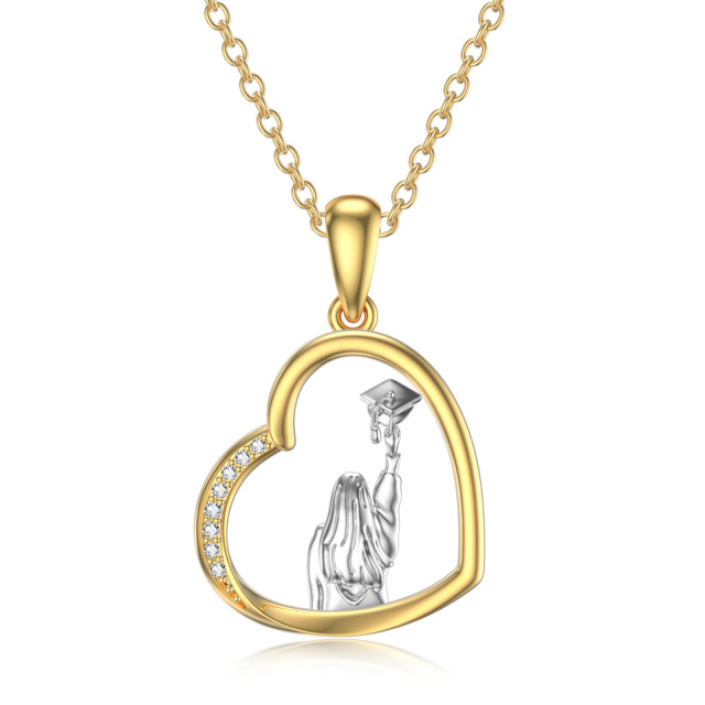 14K White Gold & Yellow Gold Cubic Zirconia Heart & Trencher Cap Pendant Necklace-0