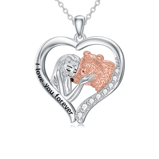 Sterling Silver Two-tone Zircon Bear Pendant Necklace with Engraved Word-0