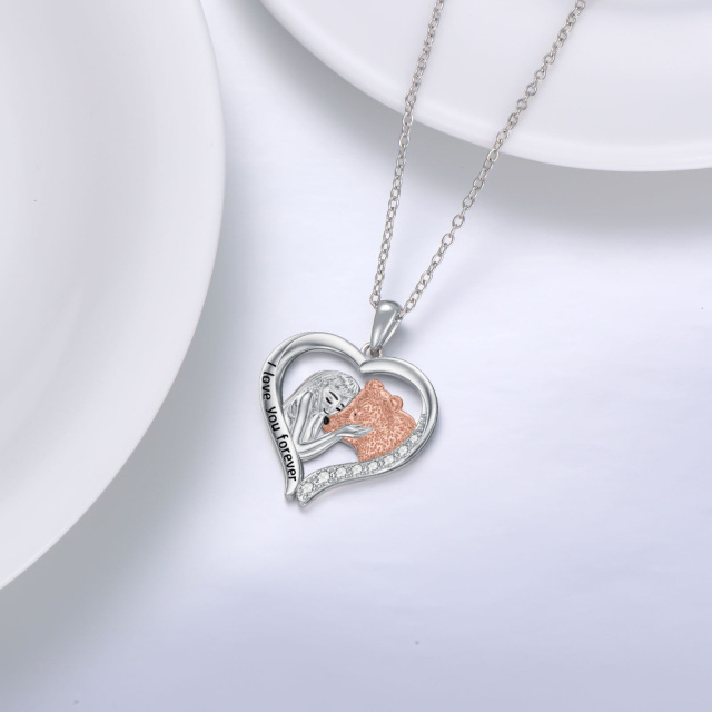 Sterling Silver Two-tone Zircon Bear Pendant Necklace with Engraved Word-3