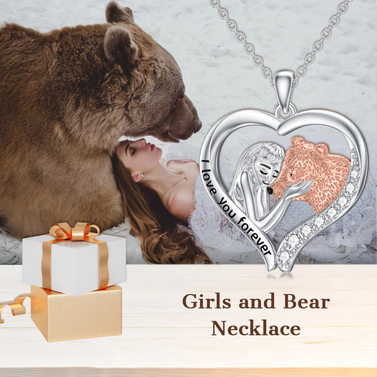 Sterling Silver Two-tone Zircon Bear Pendant Necklace with Engraved Word-6