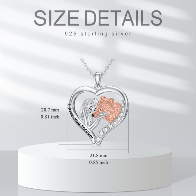 Sterling Silver Two-tone Zircon Bear Pendant Necklace with Engraved Word-4