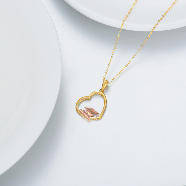 14K Gold & Rose Gold Zircon Heart & Trencher Cap Pendant Necklace-2