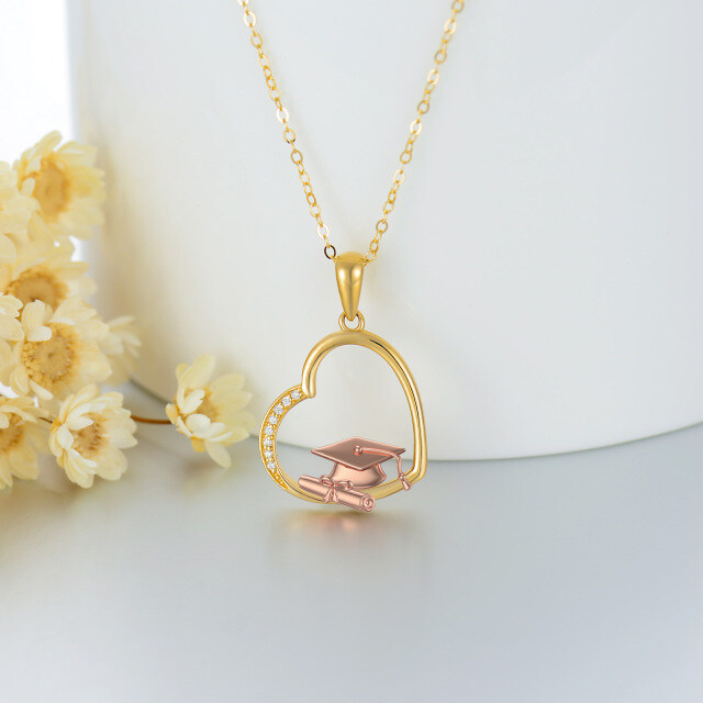 14K Gold & Rose Gold Zircon Heart & Trencher Cap Pendant Necklace-3