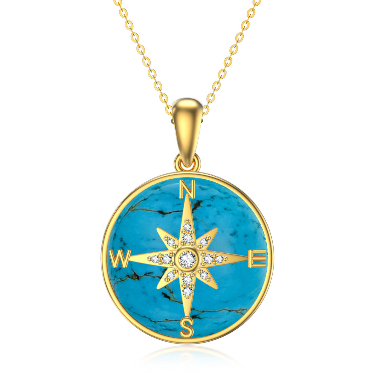 14K Gold Round Turquoise Compass Pendant Necklace-1