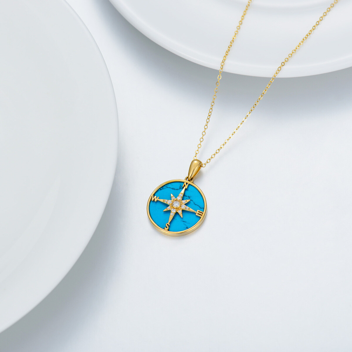 14K Gold Round Turquoise Compass Pendant Necklace-4