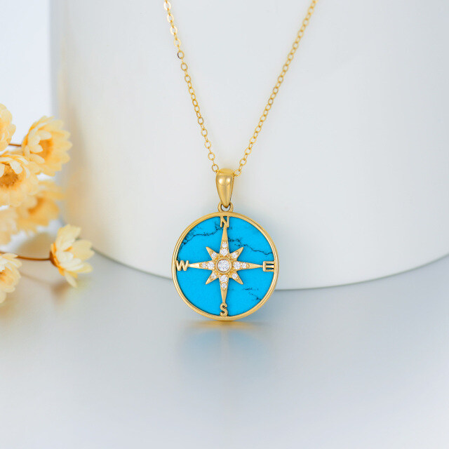 14K Gold Round Turquoise Compass Pendant Necklace-2