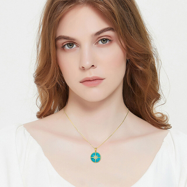 14K Gold Round Turquoise Compass Pendant Necklace-1
