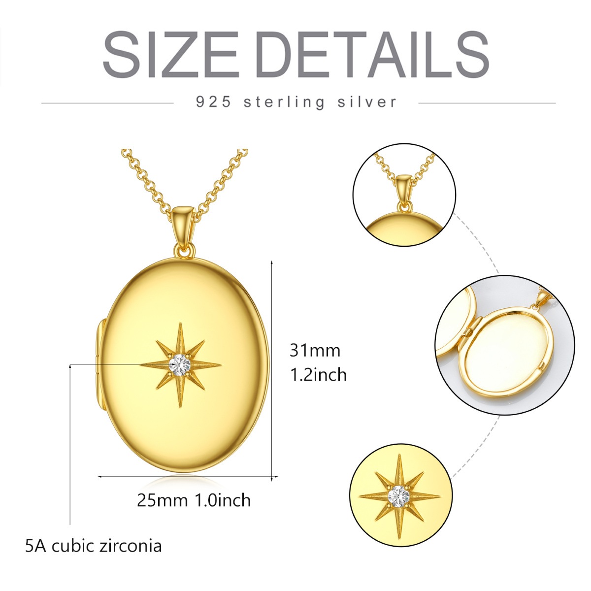 Plata de ley con baño de oro amarillo Estrella Circular Ovalada Zirconia Cúbica Personalizada Grabación Foto Relicario Collar-8