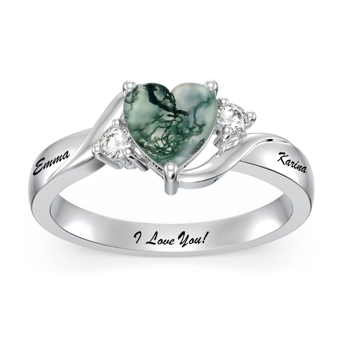 Sterling Silver Heart Shaped Moss Agate Personalized Engraving & Couple Engagement Ring-1