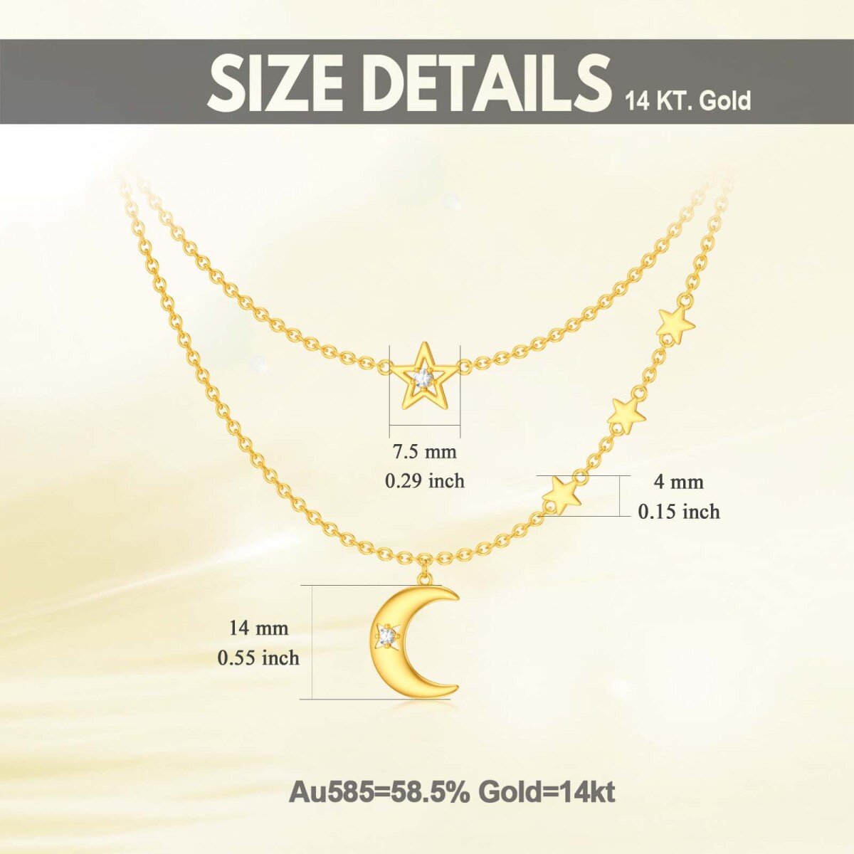 Collar de oro de 14 quilates de circonita cúbica Luna y estrella en capas-6
