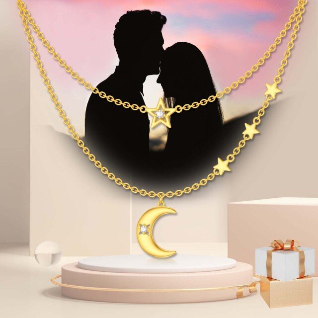 14K Gold Cubic Zirconia Moon & Star Layered Necklace-4