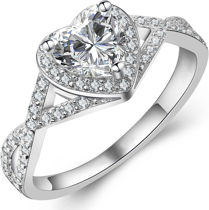 14K White Gold Circular Shaped & Heart Shaped Moissanite Wedding Ring