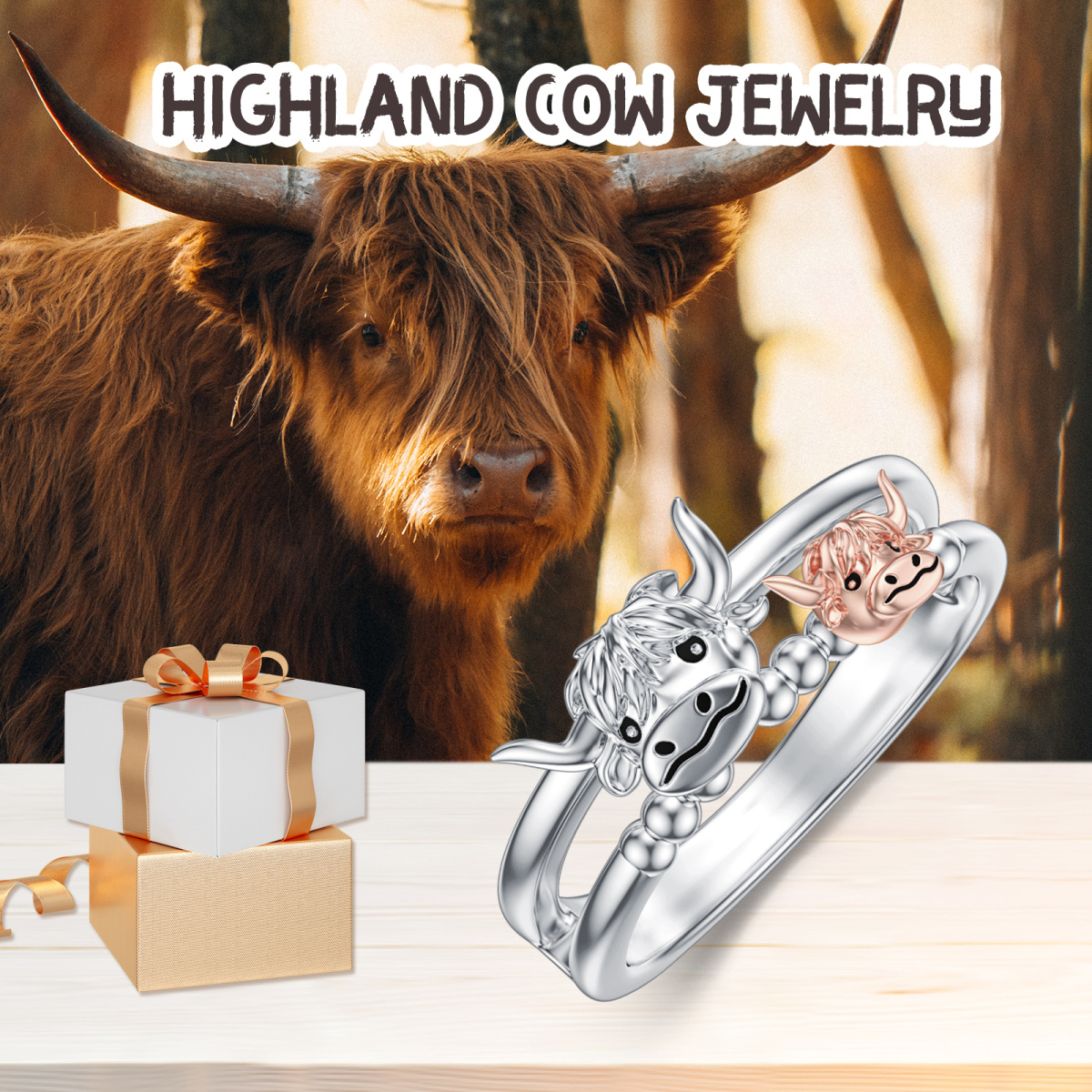 Sterling Silver Two-tone & Personalized Engraving Highland Cow Ring-6