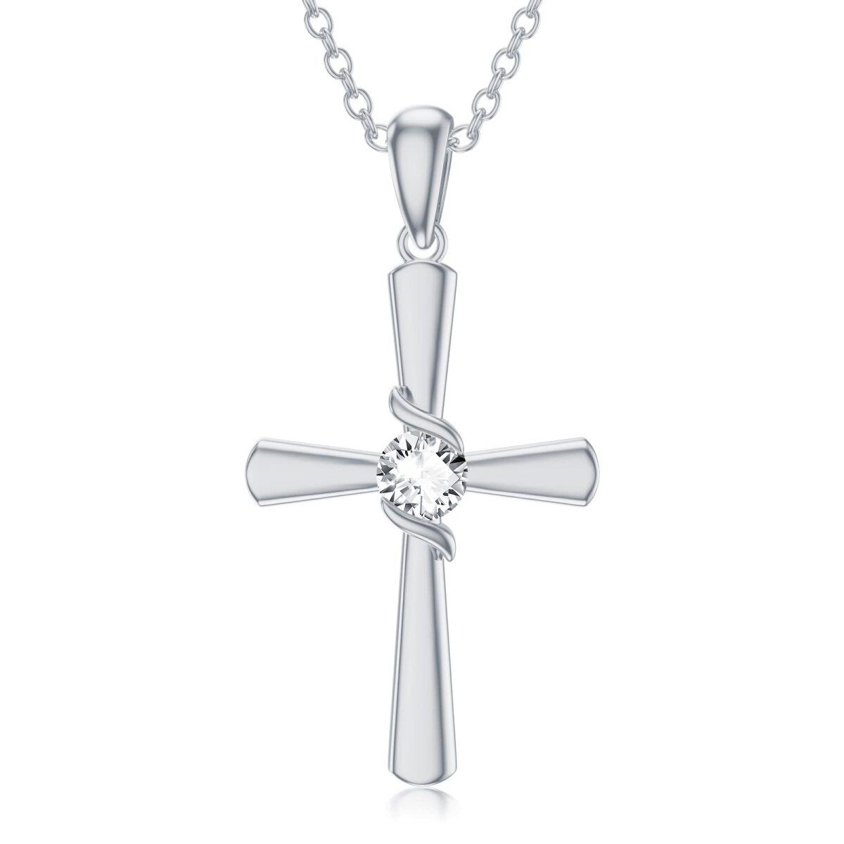 Sterling Silber kreisförmig Cubic Zirkonia Kreuz Anhänger Halskette-1