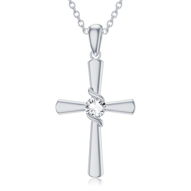 Sterling Silver Circular Shaped Cubic Zirconia Cross Pendant Necklace-0