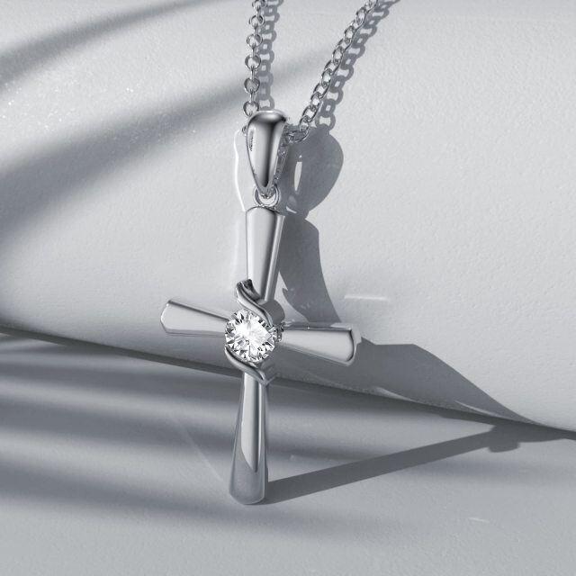 Sterling Silber kreisförmig Cubic Zirkonia Kreuz Anhänger Halskette-2