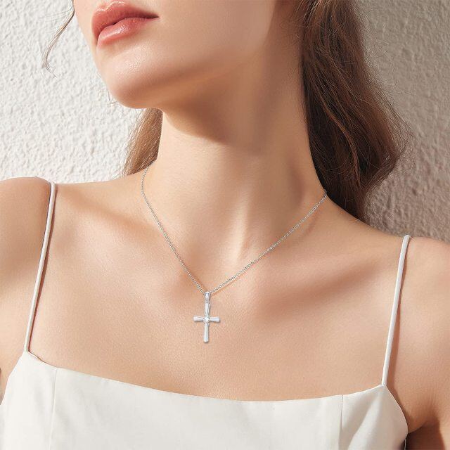 Sterling Silver Circular Shaped Cubic Zirconia Cross Pendant Necklace-1