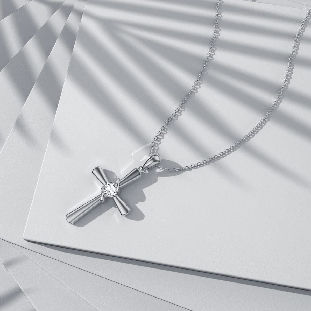 Sterling Silver Circular Shaped Cubic Zirconia Cross Pendant Necklace-4