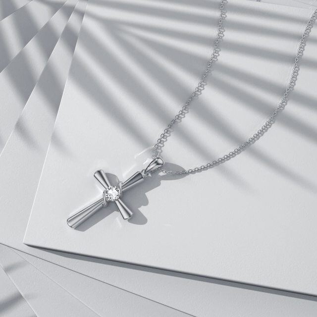 Sterling Silver Circular Shaped Cubic Zirconia Cross Pendant Necklace-3
