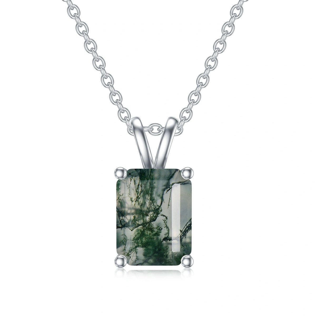 Sterling Silver Moss Agate Square Pendant Necklace-1