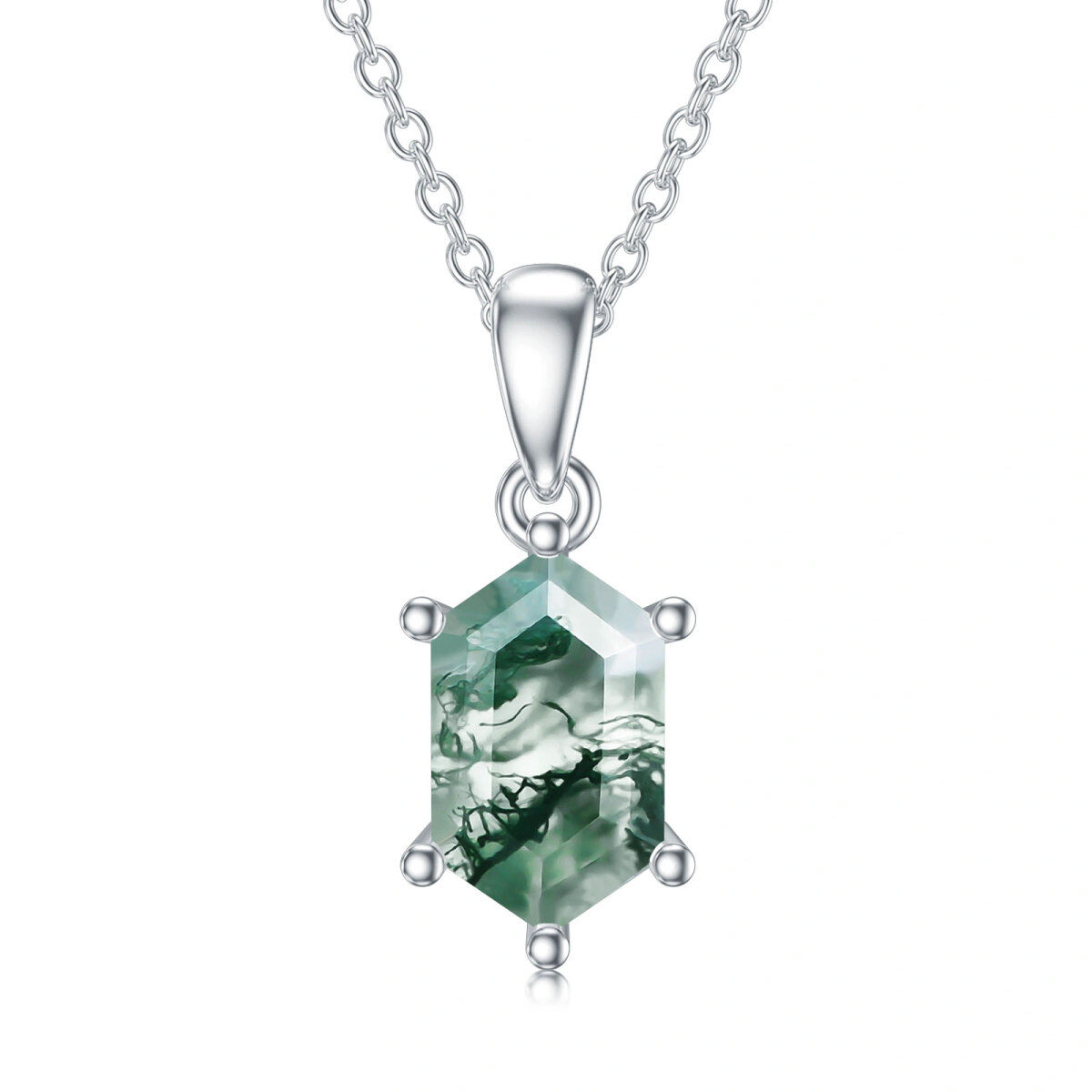Sterling Silver Hexagon Moss Agate Pendant Necklace-1