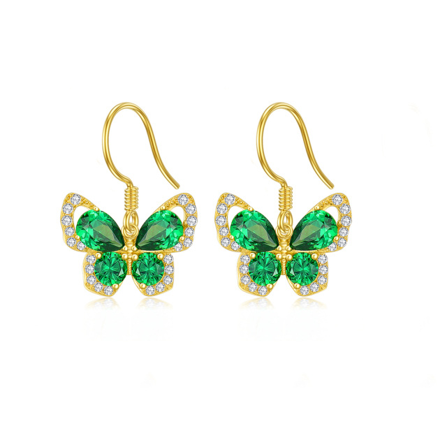14K Yellow Gold Butterfly Earrings With Created Emerald-0