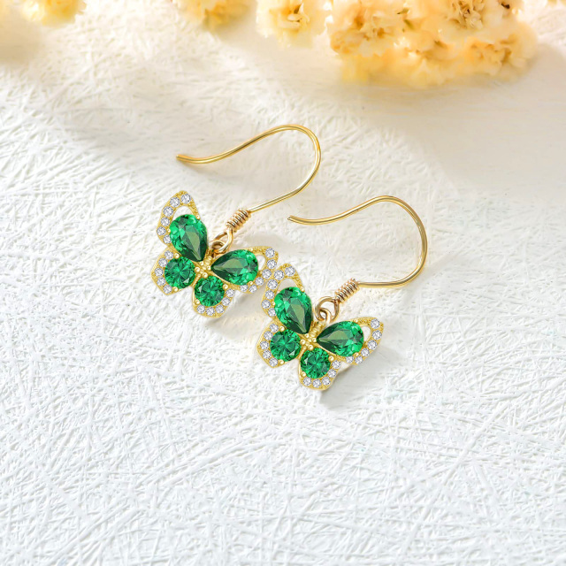 14K Yellow Gold Butterfly Earrings With Created Emerald-1