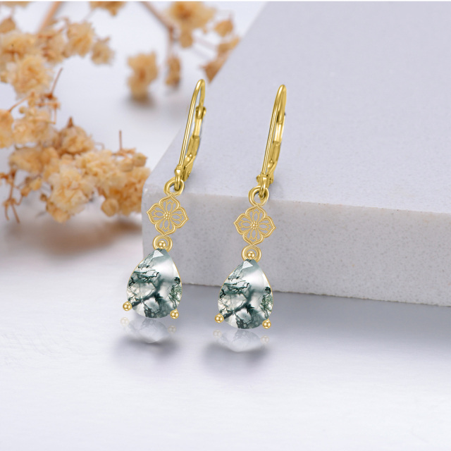 Boucles d'oreilles en or massif 14 carats en agate de mousse naturelle pour femmes, bijoux en or véritable-3