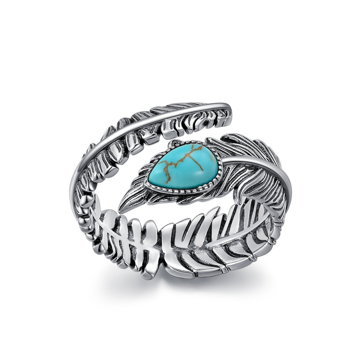 Sterling Silver Oval Turquoise Feather Ring with Engraved Word-1